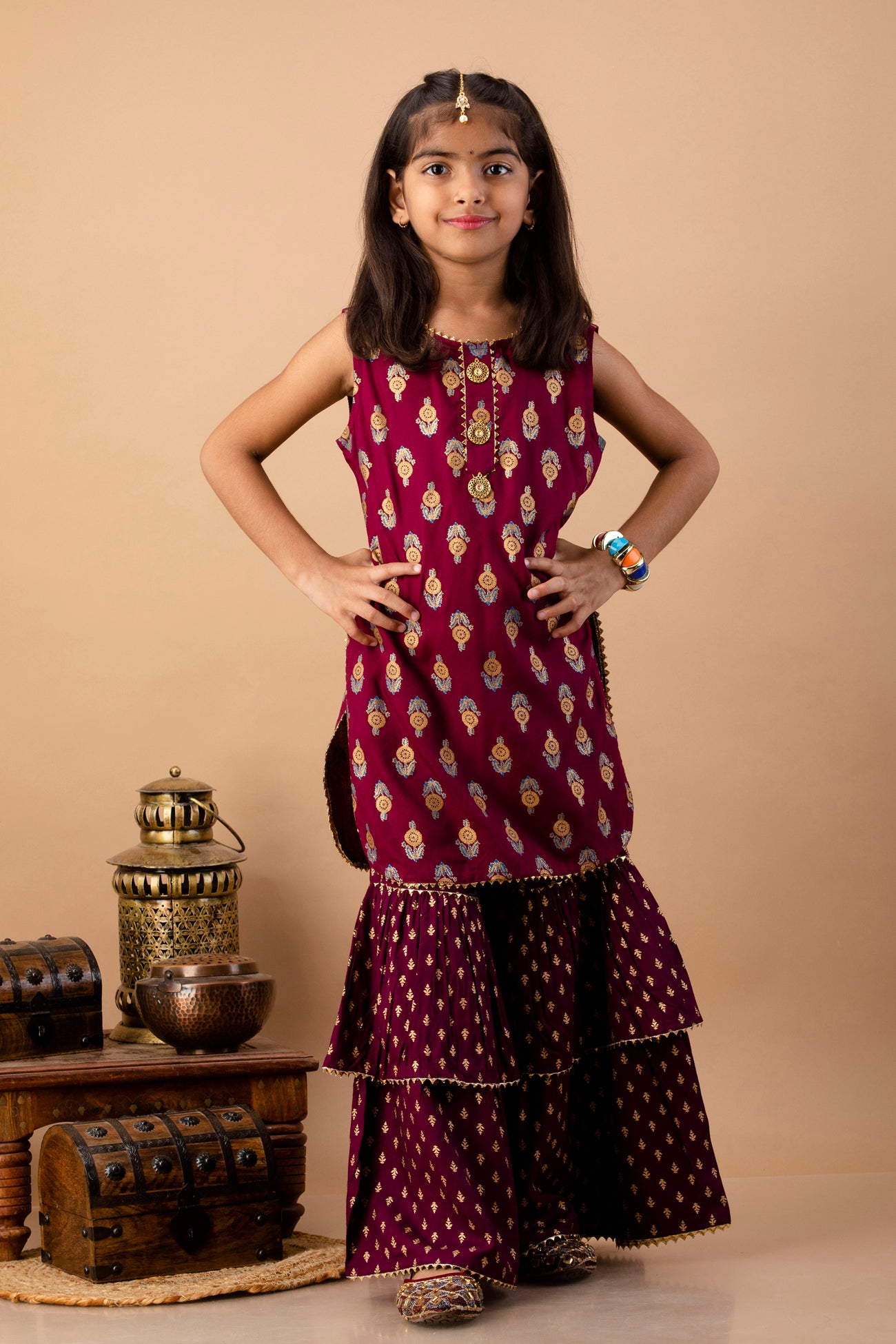 Misbis Girl's Maroon Ethnic Motifs Kurti with Sharara & Dupatta